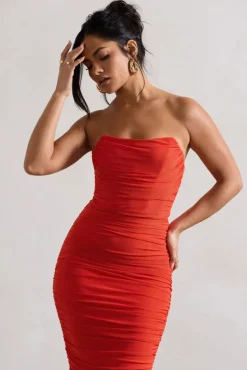 Nylah | Orange Ruched Corset Bodycon Midi Dress