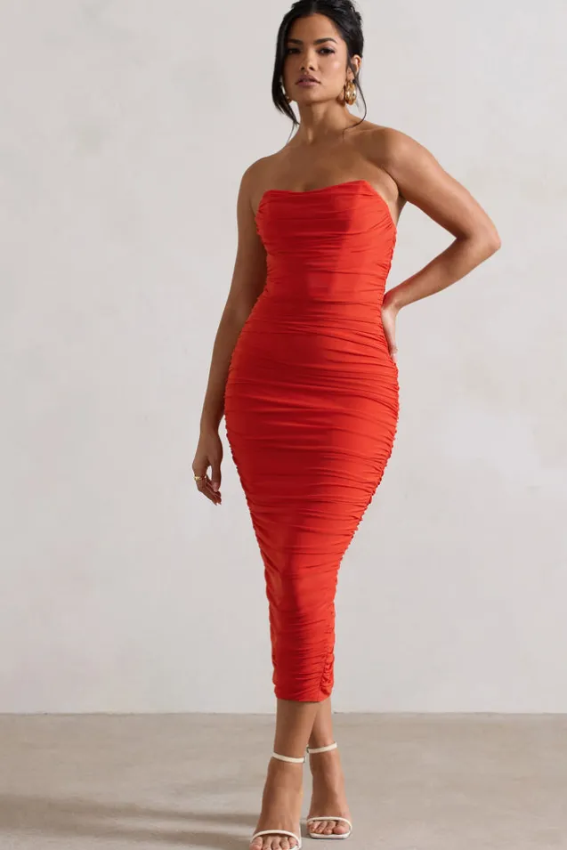 Nylah | Orange Ruched Corset Bodycon Midi Dress