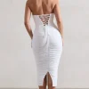 Nylah | White Ruched Corset Bodycon Midi Dress