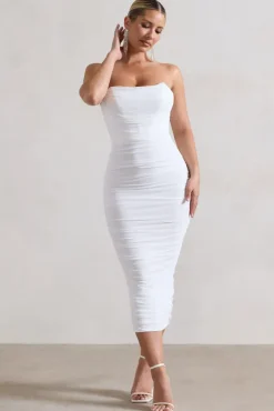 Nylah | White Ruched Corset Bodycon Midi Dress