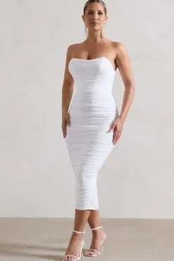 Nylah | White Ruched Corset Bodycon Midi Dress