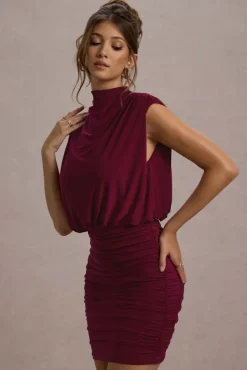 Nymeria | Port High-Neck Draped Bodycon Mini Dress
