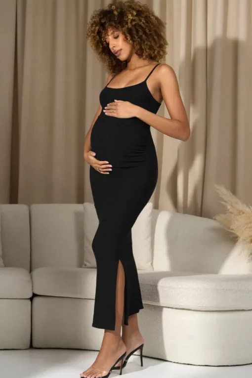 Oakley | Black Strappy Square-Neck Split Maternity Maxi Dress