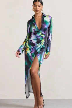 Oasis | Watercolour Print Satin Long-Sleeved Maxi Shirt Dress