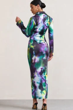 Oasis | Watercolour Print Satin Long-Sleeved Maxi Shirt Dress