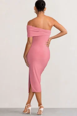 Odelia | Blush Maternity Midi Dress with Asymmetric Sleeve and Side Split