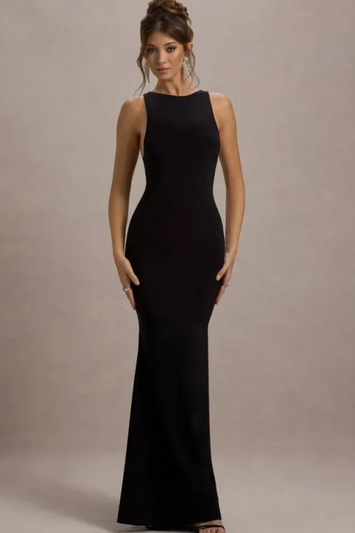 Odelle | Black Boat-Neck Racer-Back Maxi Dress