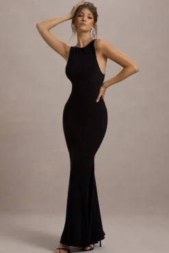 Odelle | Black Boat-Neck Racer-Back Maxi Dress