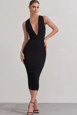 Odessa | Black Plunge Sleeveless Midi Dress With Tie Waist