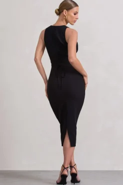 Odessa | Black Plunge Sleeveless Midi Dress With Tie Waist