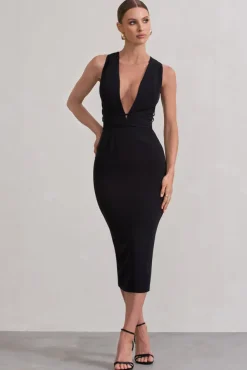 Odessa | Black Plunge Sleeveless Midi Dress With Tie Waist