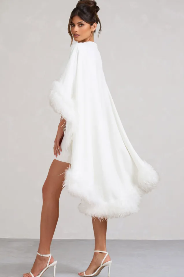Of The Manor | White Gathered Mini Dress With Feather Cape