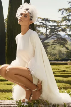 Of The Manor | White Gathered Mini Dress With Feather Cape