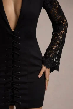 Off The Rack | Black Corset Blazer Mini Dress With Lace Sleeves