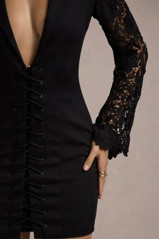 Off The Rack | Black Corset Blazer Mini Dress With Lace Sleeves