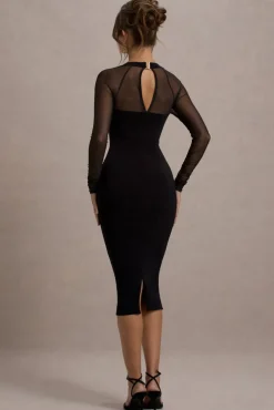 Off Track | Black Bodycon Midi Dress With Sheer Sleeves