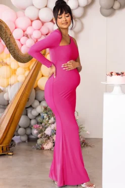 Oh Baby | Hot Pink Maternity One Shoulder Bodycon Maxi Dress