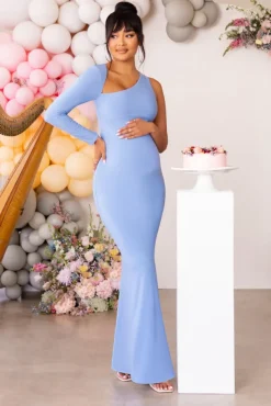 Oh Baby | Powder Blue Maternity One Shoulder Bodycon Maxi Dress