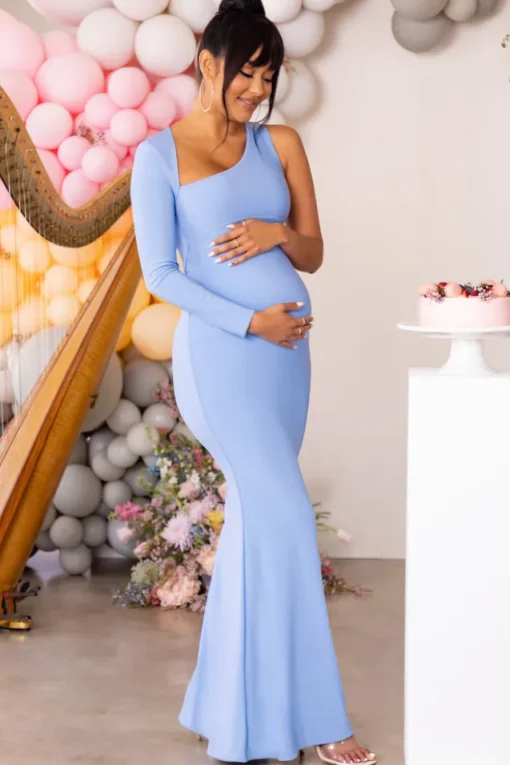 Oh Baby | Powder Blue Maternity One Shoulder Bodycon Maxi Dress