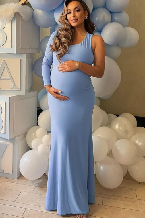 Oh Baby | Powder Blue Maternity One Shoulder Bodycon Maxi Dress