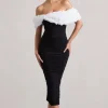 Olea | Black u0026 White Ruched Bardot Midi Dress With Flowers