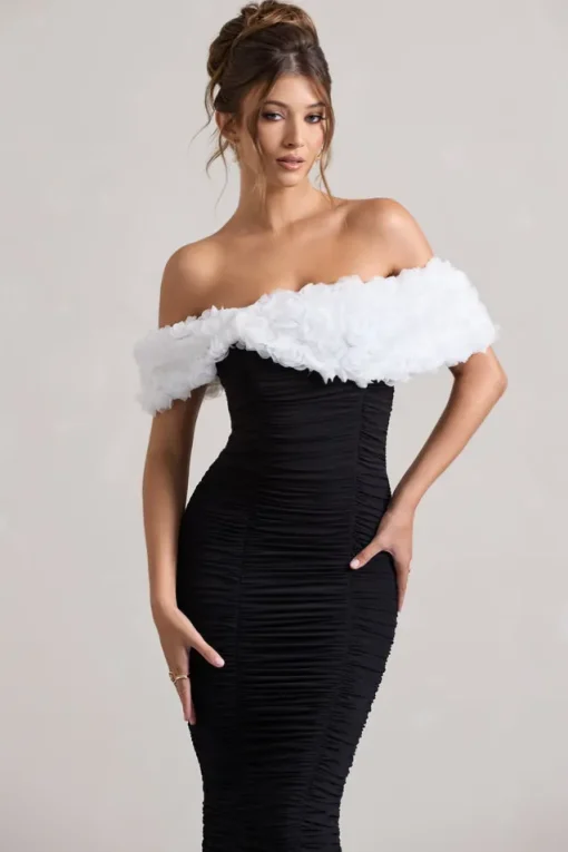 Olea | Black u0026 White Ruched Bardot Midi Dress With Flowers