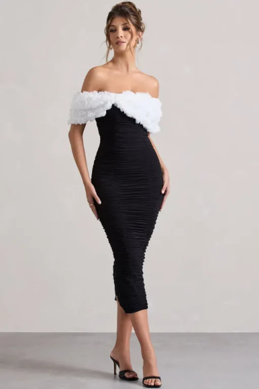 Olea | Black u0026 White Ruched Bardot Midi Dress With Flowers