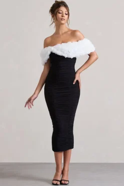 Olea | Black u0026 White Ruched Bardot Midi Dress With Flowers