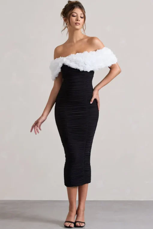 Olea | Black u0026 White Ruched Bardot Midi Dress With Flowers