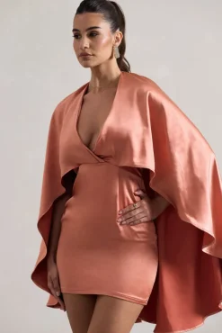 Olsen | Coral Satin Plunge-Neck Cape Mini Dress