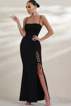 On Show | Black Lace Up Detail Split Leg Maxi Dress