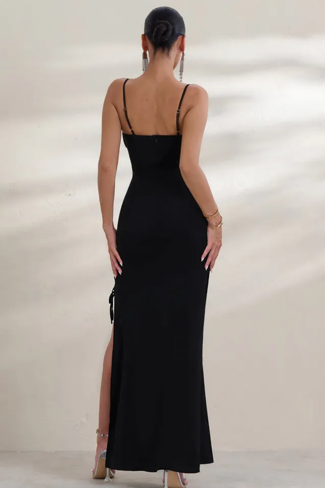 On Show | Black Lace Up Detail Split Leg Maxi Dress