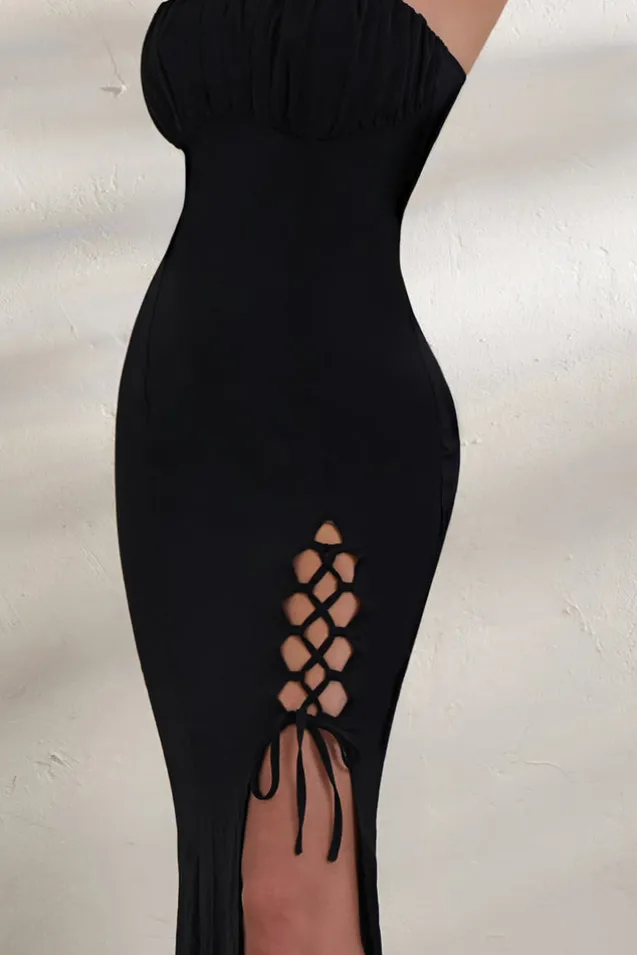 On Show | Black Lace Up Detail Split Leg Maxi Dress