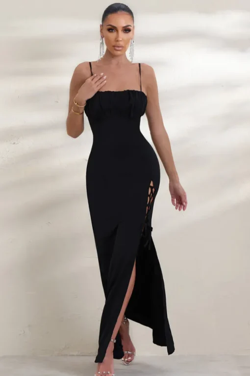 On Show | Black Lace Up Detail Split Leg Maxi Dress