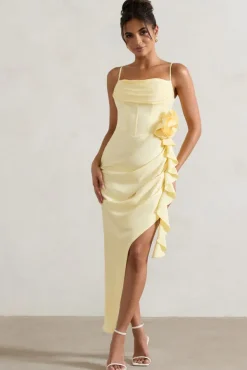 On The List | Lemon Asymmetric Corset Maxi Dress With Floral Drape