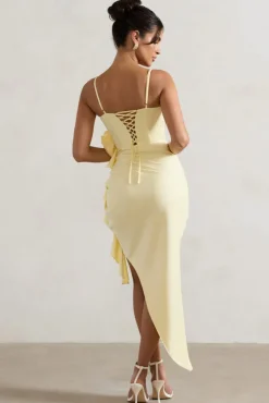 On The List | Lemon Asymmetric Corset Maxi Dress With Floral Drape