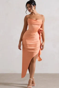 On The List | Peach Asymmetric Corset Maxi Dress With Floral Drape