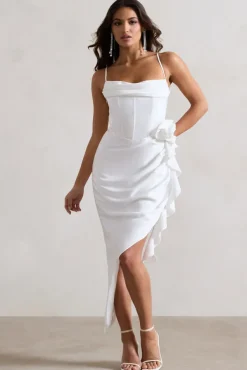 On The List | White Asymmetric Corset Maxi Dress With Floral Drape