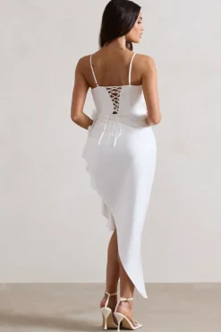 On The List | White Asymmetric Corset Maxi Dress With Floral Drape