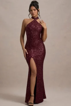 On The Rise | Berry Sequin High-Neck Strappy-Back Split Maxi Dress