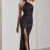 On The Rise | Black Sequin High-Neck Strappy-Back Split Maxi Dress