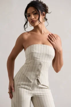 On Time | Beige Pinstripe Tailored Bandeau Top
