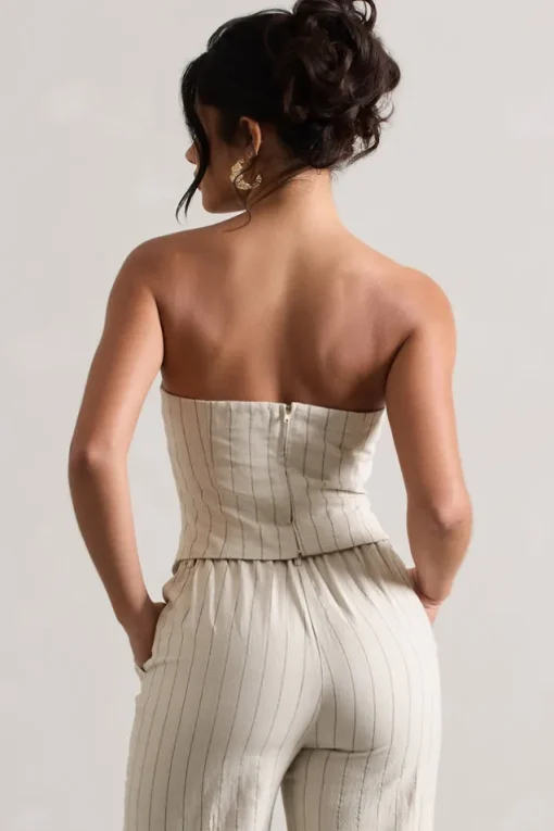 On Time | Beige Pinstripe Tailored Bandeau Top