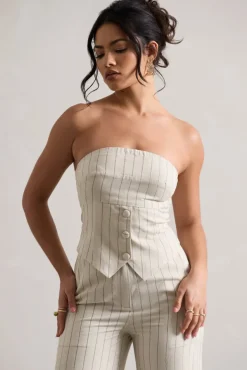 On Time | Beige Pinstripe Tailored Bandeau Top
