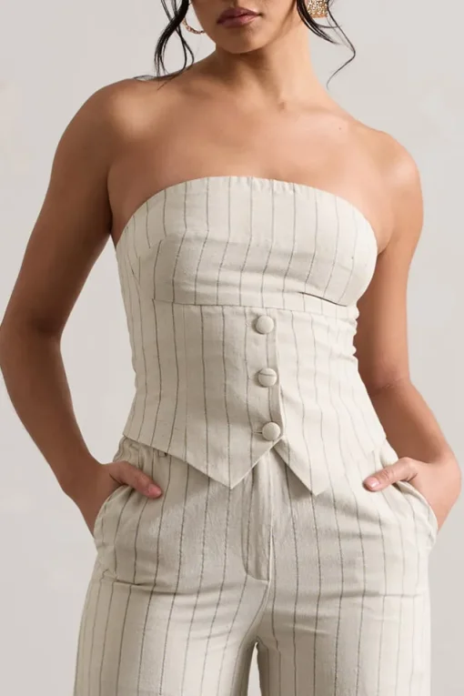 On Time | Beige Pinstripe Tailored Bandeau Top