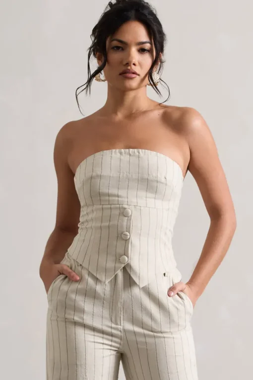 On Time | Beige Pinstripe Tailored Bandeau Top