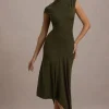 Ondine | Khaki Asymmetric Draped Midi Dress