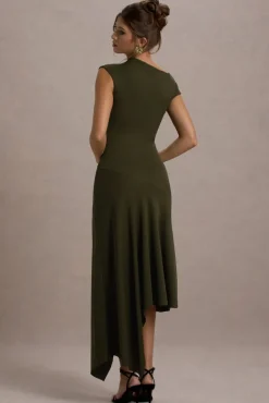 Ondine | Khaki Asymmetric Draped Midi Dress