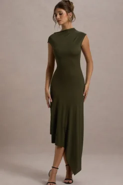 Ondine | Khaki Asymmetric Draped Midi Dress