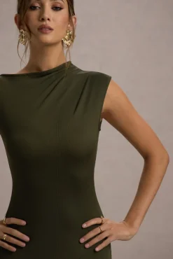 Ondine | Khaki Asymmetric Draped Midi Dress